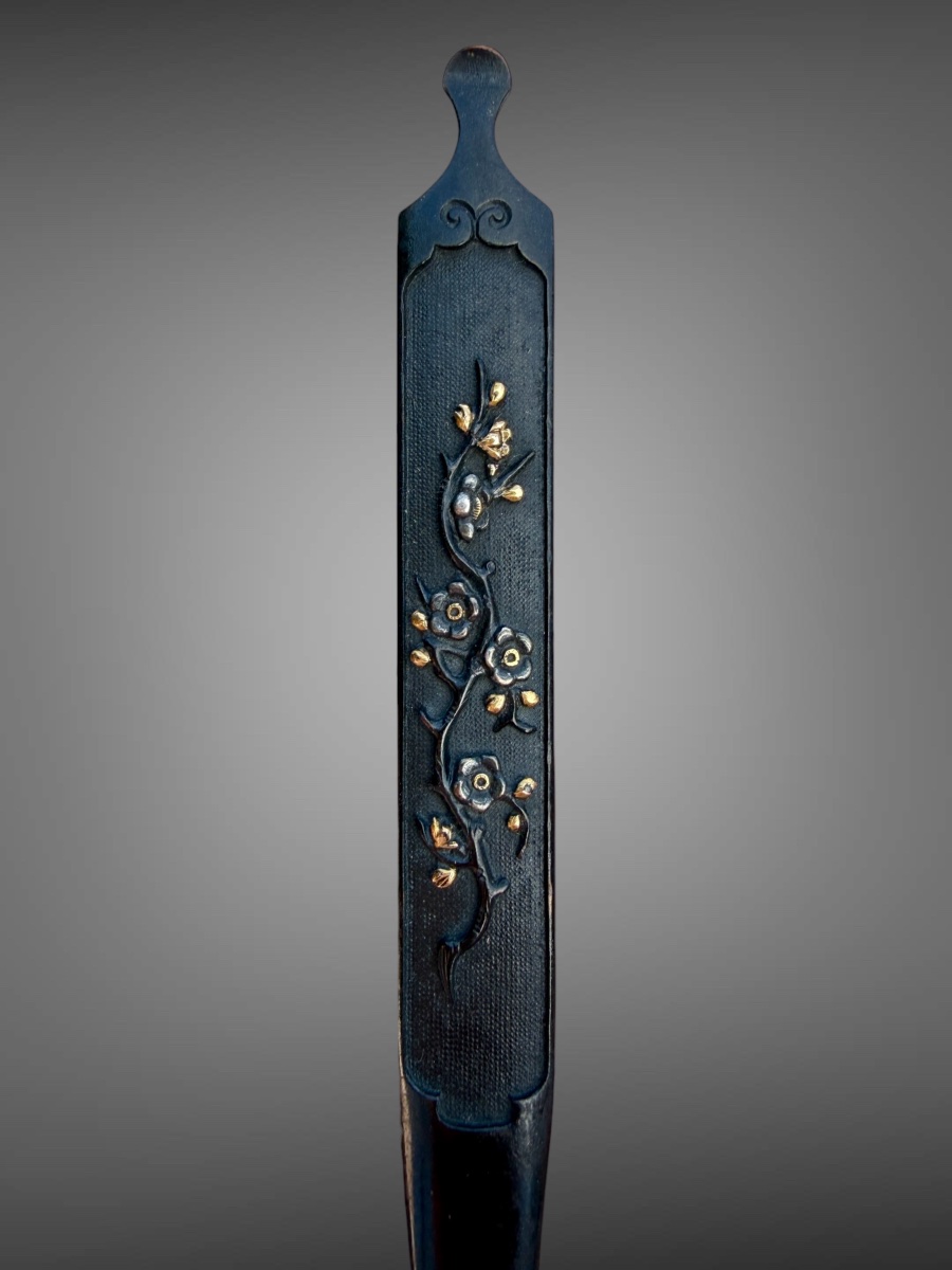 Shakudo Kogai Decorated With A Plum Blossom Branch, With Nbthk Certificate - Edo.-photo-2