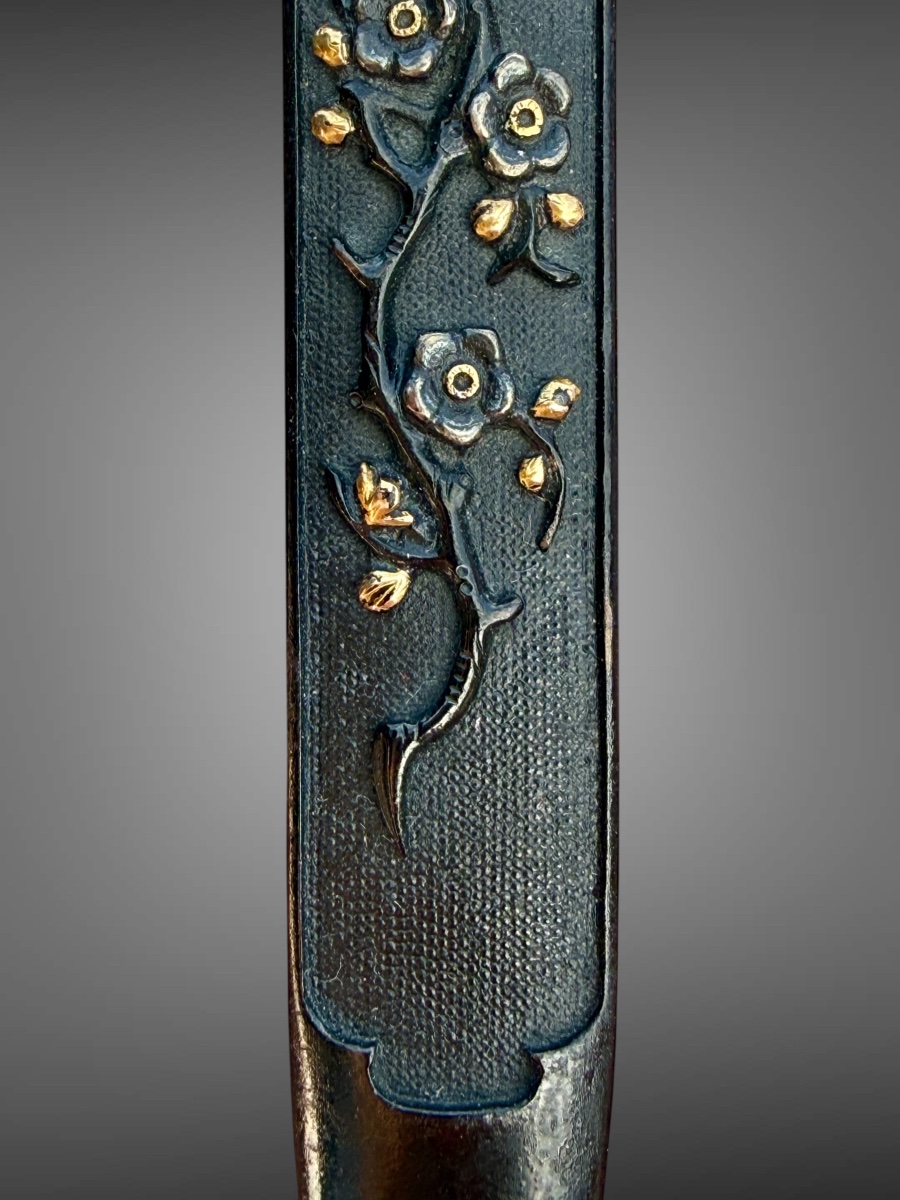 Shakudo Kogai Decorated With A Plum Blossom Branch, With Nbthk Certificate - Edo.-photo-4