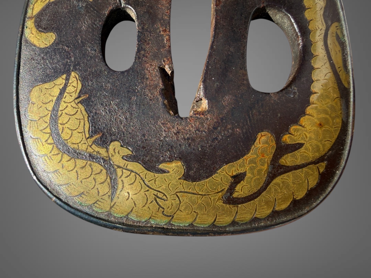 Kaku-maru-gata Tsuba Decorated With A Dragon In Scrollwork - Edo Period (1603–1868).-photo-1