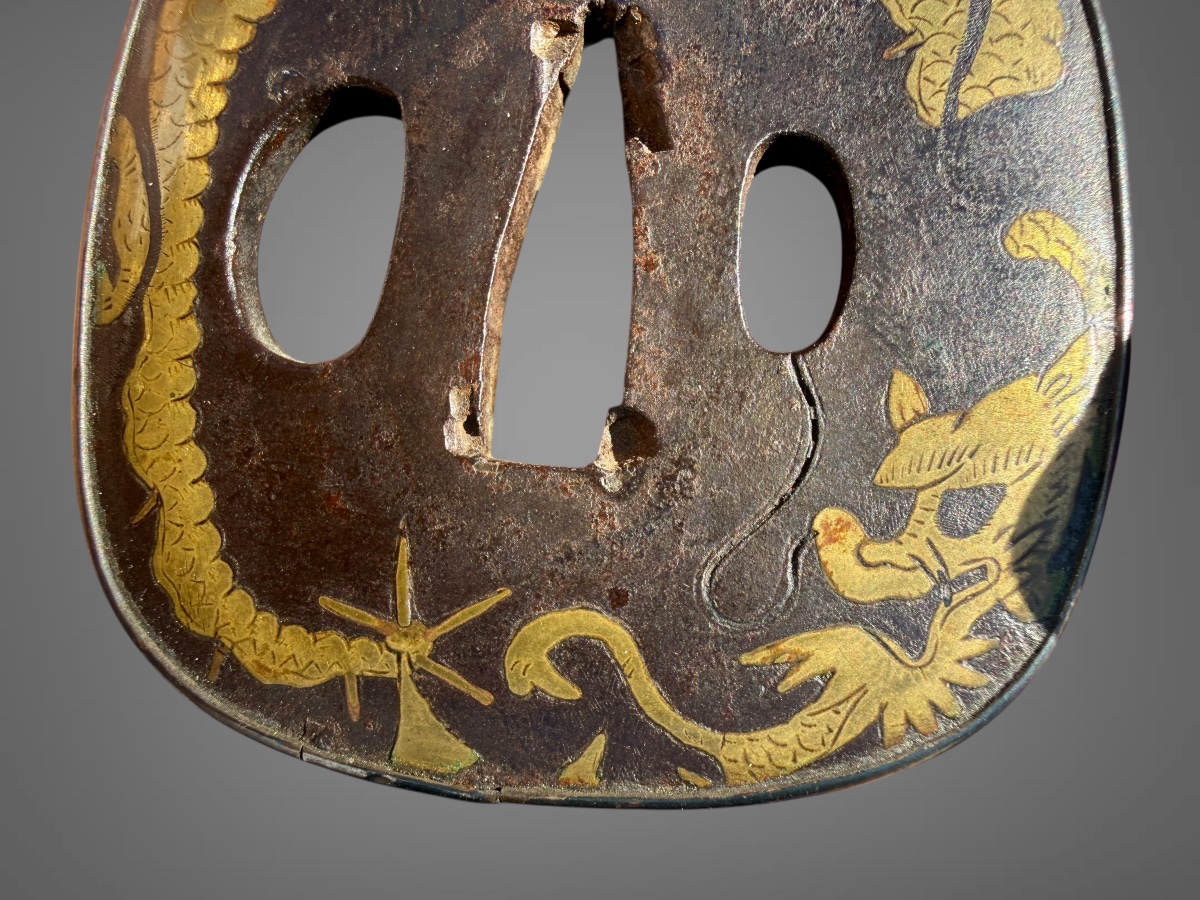 Kaku-maru-gata Tsuba Decorated With A Dragon In Scrollwork - Edo Period (1603–1868).-photo-2