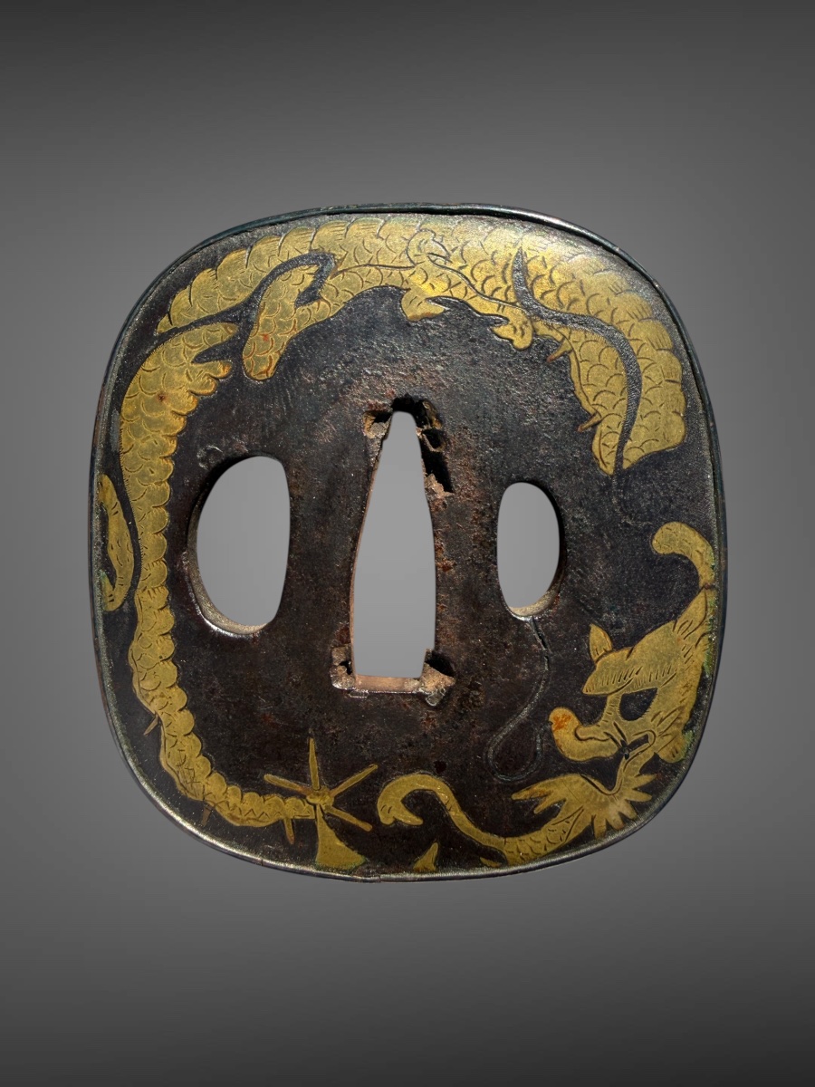 Kaku-maru-gata Tsuba Decorated With A Dragon In Scrollwork - Edo Period (1603–1868).
