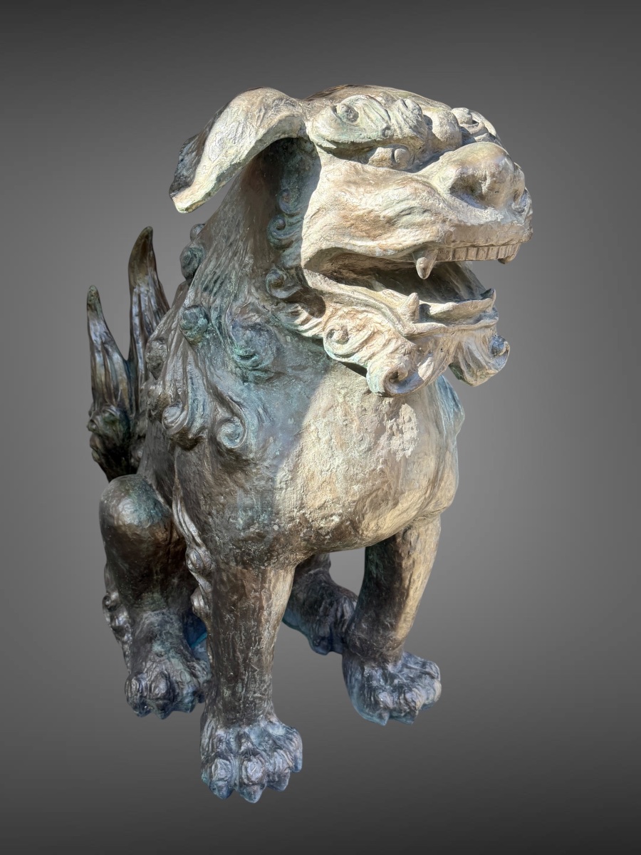 Importante paire de lions gardiens en bronze - Haut : 97 cm - Période Showa (1912-1989).-photo-3
