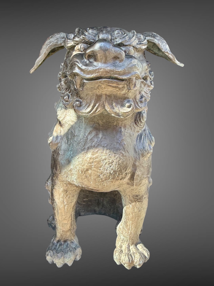 Importante paire de lions gardiens en bronze - Haut : 97 cm - Période Showa (1912-1989).-photo-3