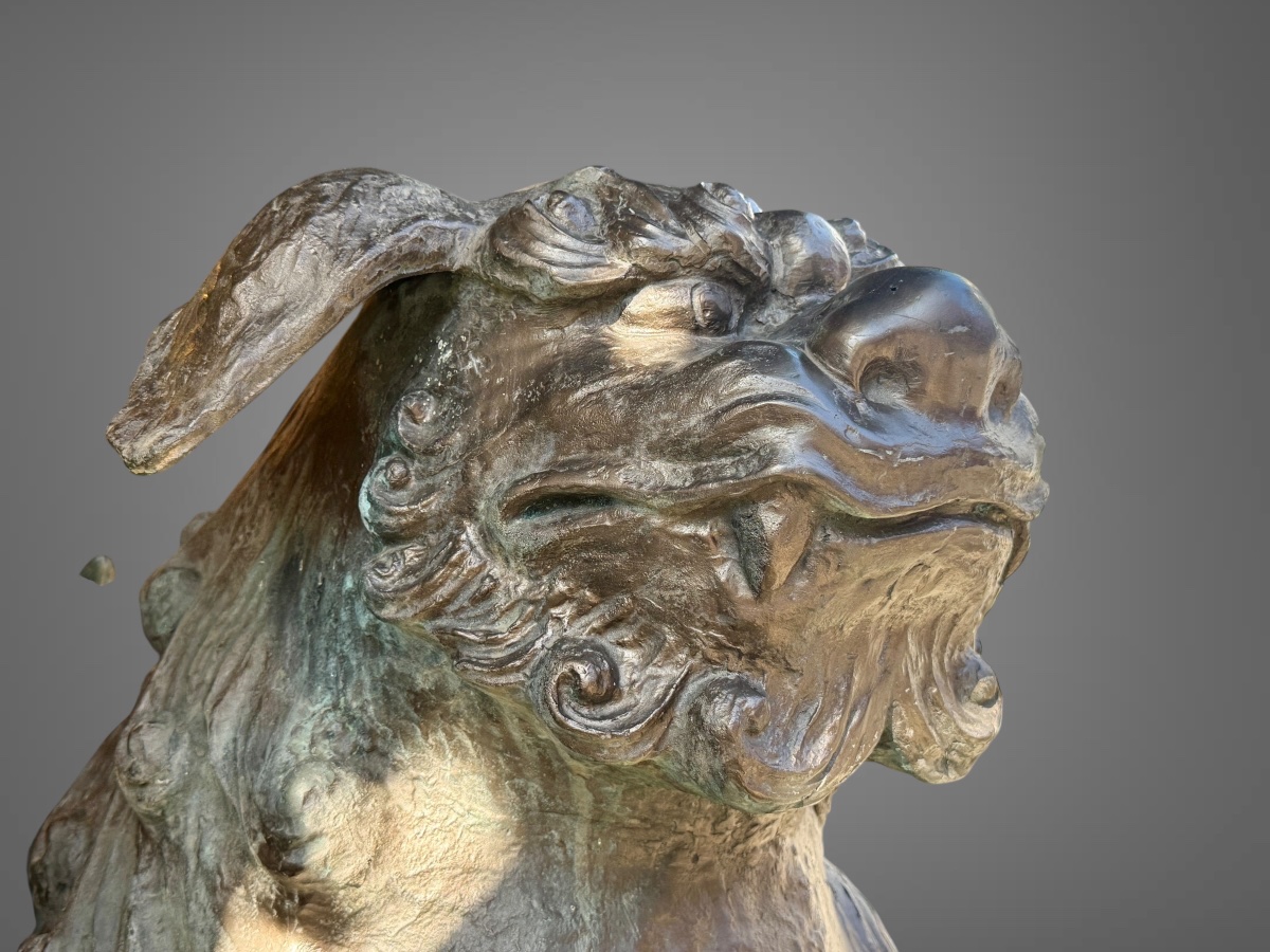Importante paire de lions gardiens en bronze - Haut : 97 cm - Période Showa (1912-1989).-photo-5