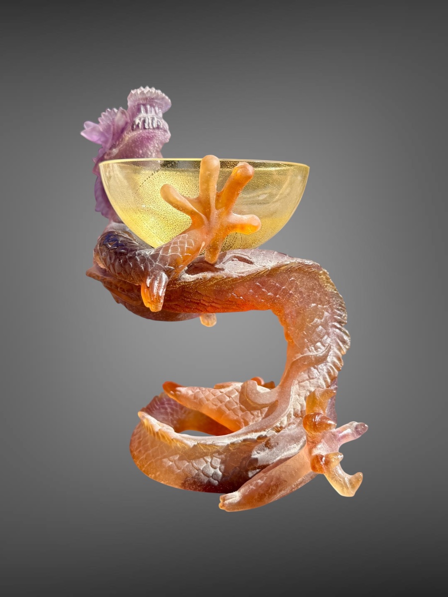 Daum France - Imperial Dragon-patterned Glass Paste Goblet, In Perfect Condition - Height: 19.5 Cm. -photo-3