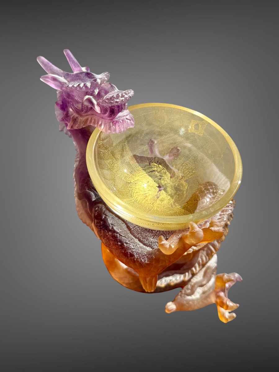 Daum France - Imperial Dragon-patterned Glass Paste Goblet, In Perfect Condition - Height: 19.5 Cm. -photo-4