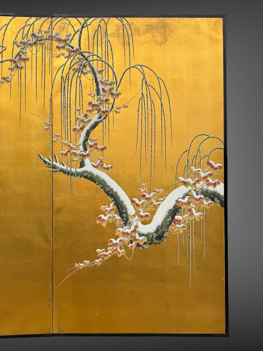 Important Two-panel Folding Screen—willow Trees In The Snow—meiji Period (1868–1912). -photo-2