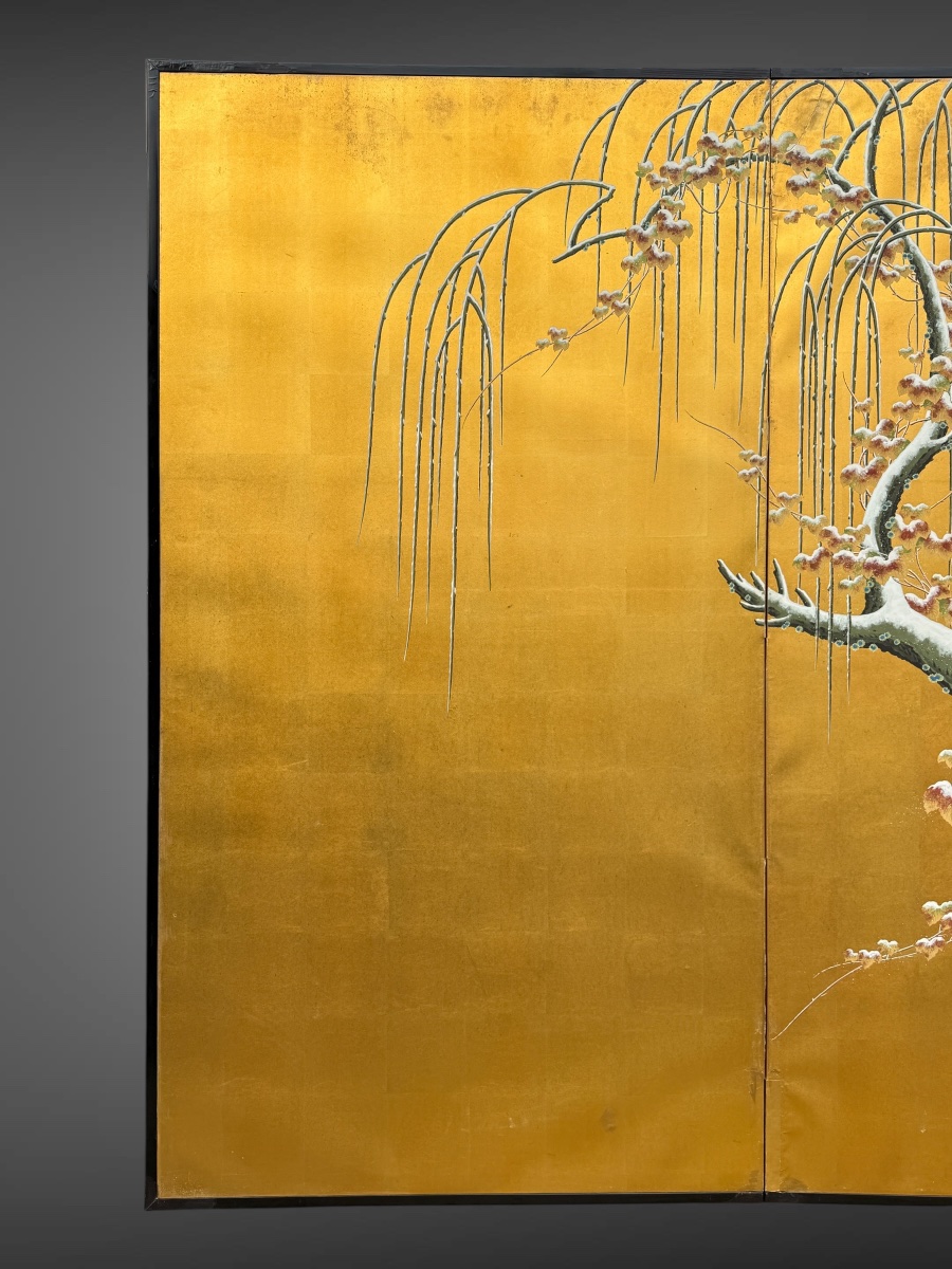 Important Two-panel Folding Screen—willow Trees In The Snow—meiji Period (1868–1912). -photo-3