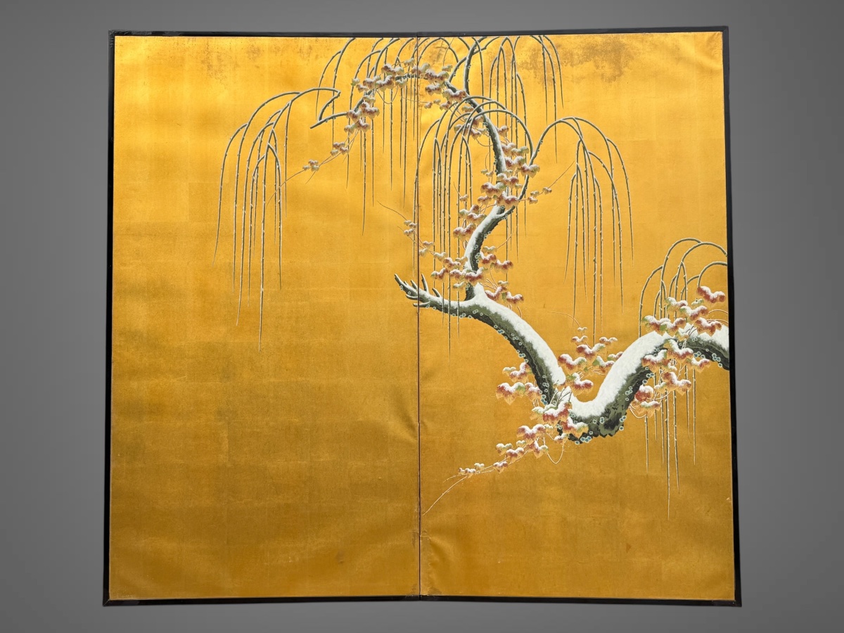 Important Two-panel Folding Screen—willow Trees In The Snow—meiji Period (1868–1912). 