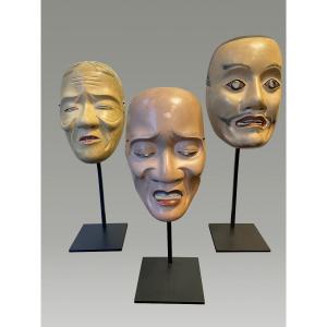 Lot Of Three Noh Japan Mask End XIX Eme Beginning XX Th