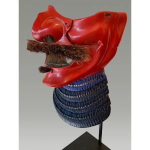 Red Color Reisei Type Samurai Mempo With Mustache Edo Period