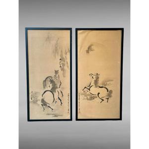 Pair Of Framed Kakemonos Depicting Horses - Meiji Period (1868 - 1912).