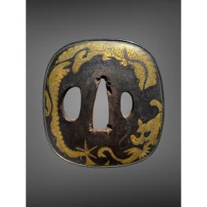 Kaku-maru-gata Tsuba Decorated With A Dragon In Scrollwork - Edo Period (1603–1868).