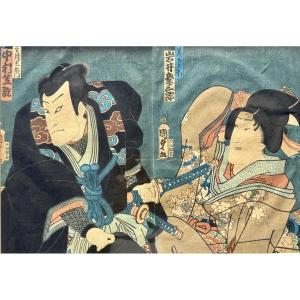 Utagawa Kunisada - Diptych Woodblock Print Depicting Kabuki Actors - Edo Period.