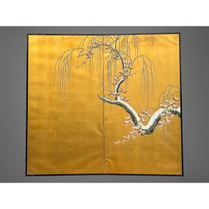 Important Two-panel Folding Screen—willow Trees In The Snow—meiji Period (1868–1912).