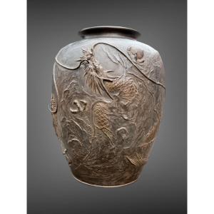 Important Bronze Vase With Dragons In High Relief—height: 40 Cm—meiji Period.