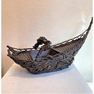 Panier Japonais En Forme De Barque Pour Ikebana Fin XIX Eme Siècle