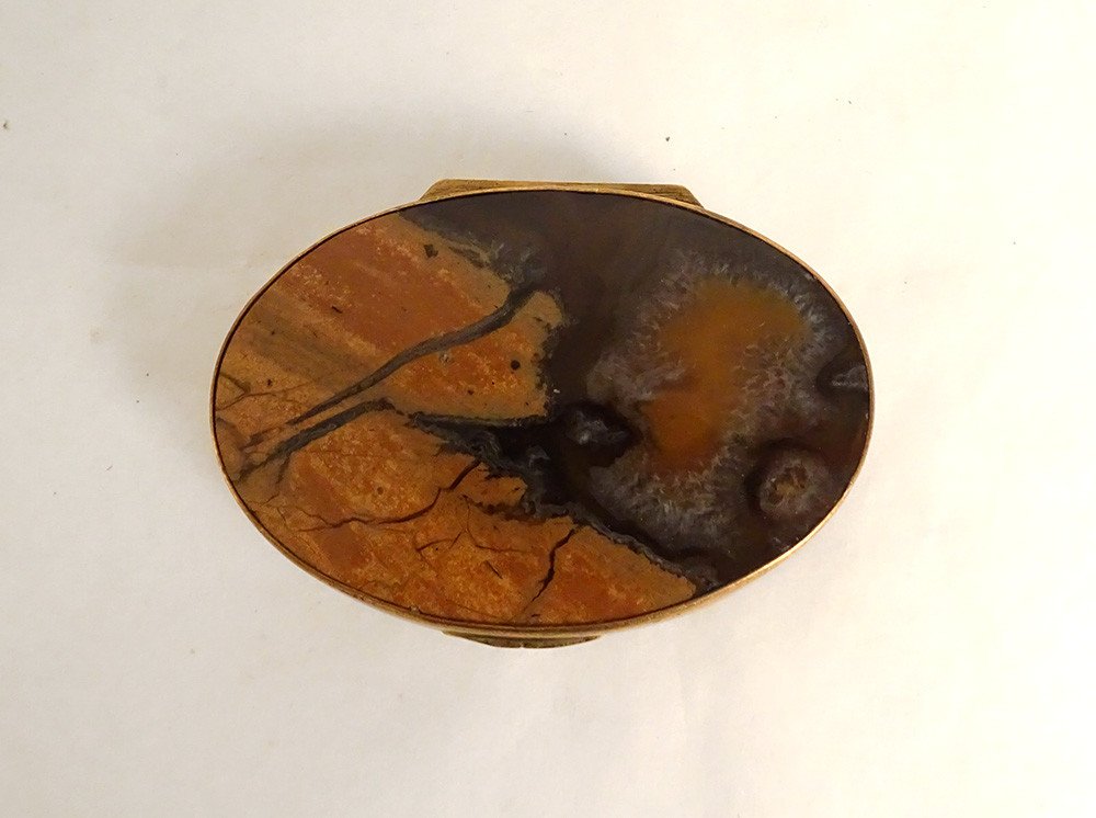 Small Oval Box Agate Pomponne Golden Metal XIXth Century-photo-2