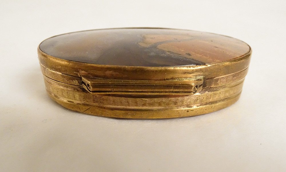 Small Oval Box Agate Pomponne Golden Metal XIXth Century-photo-3