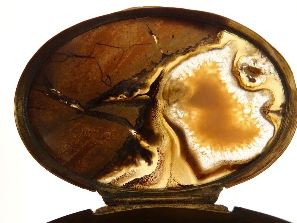 Small Oval Box Agate Pomponne Golden Metal XIXth Century-photo-5