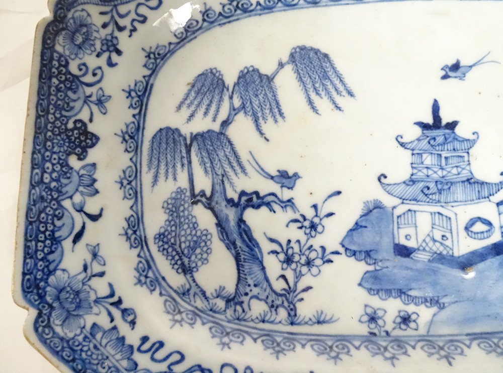 Plat Octogonal Porcelaine Compagnie Indes Blanc Bleu Paysage Pagode XVIIIè-photo-4