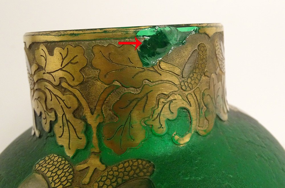 Small Frosted Glass Vase Gilding Montjoye Oak Acorns Art Nouveau XIXth Century-photo-4