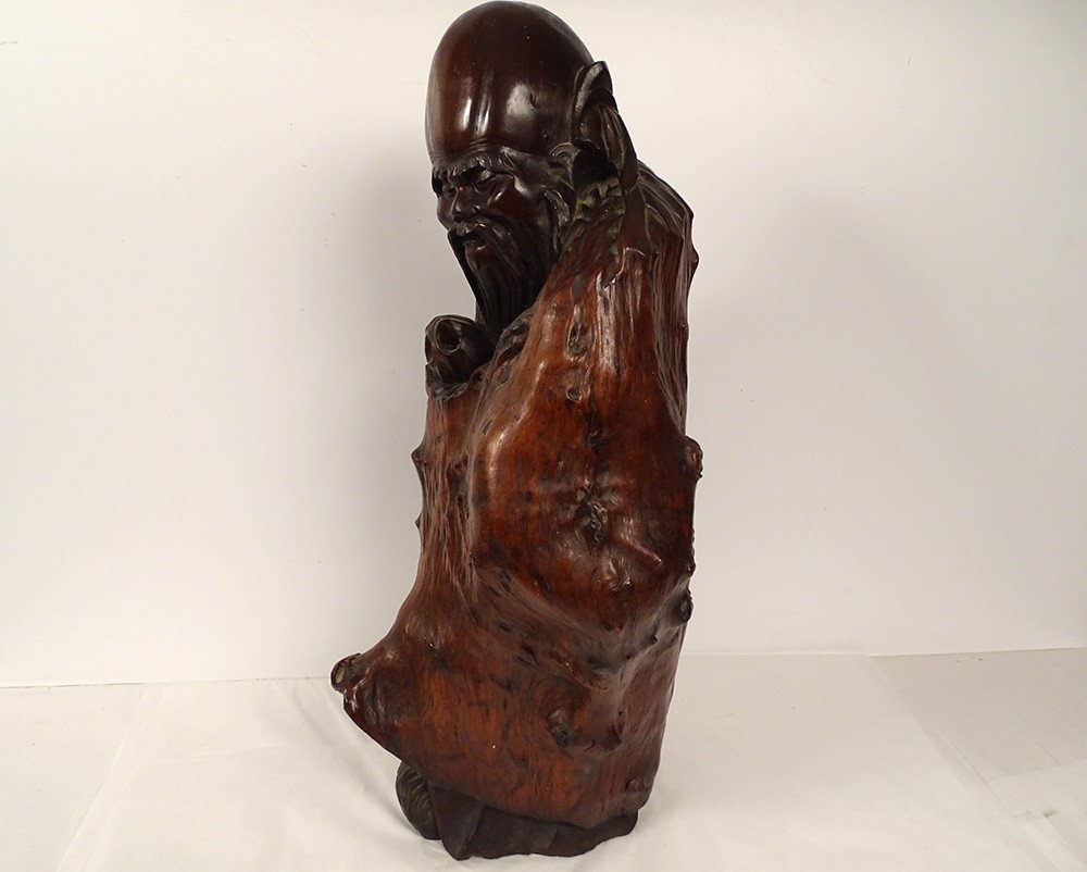 Large Wood Carving Statue Root God Longevity Shou Lao Shouxing China-photo-6