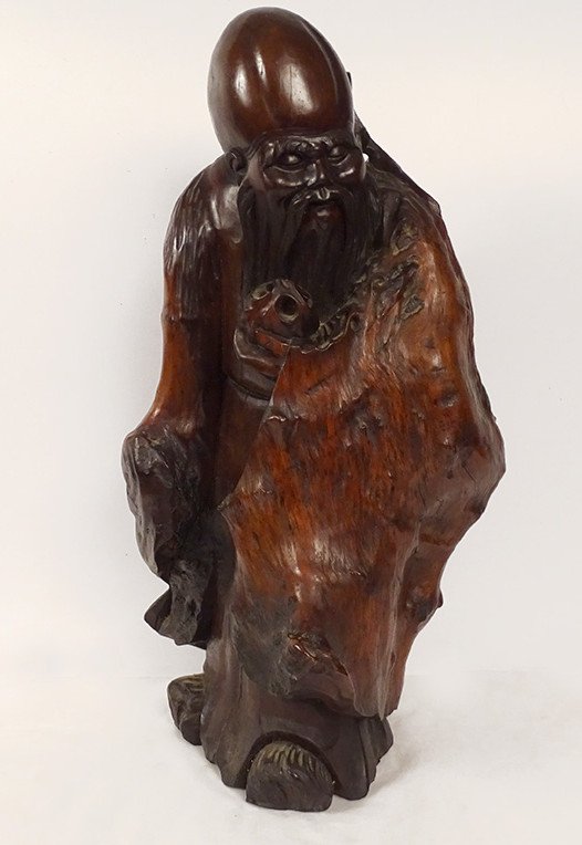 Large Wood Carving Statue Root God Longevity Shou Lao Shouxing China