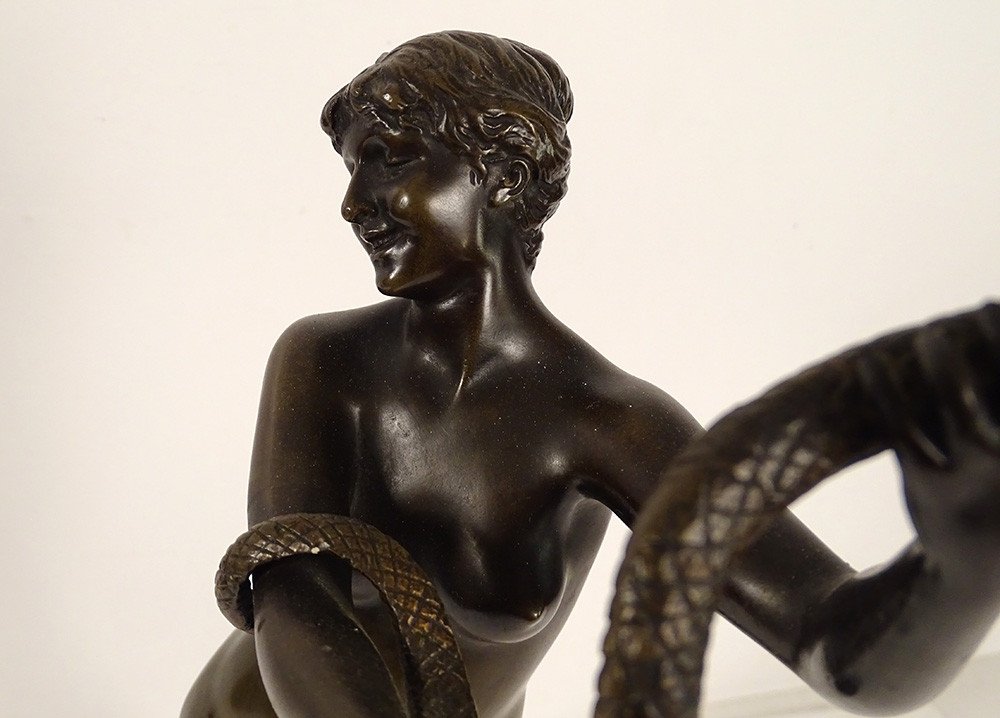 Sculpture Bronze Femme Nue Eve Serpent Jardin Eden Van Den Bossche XIXème-photo-2