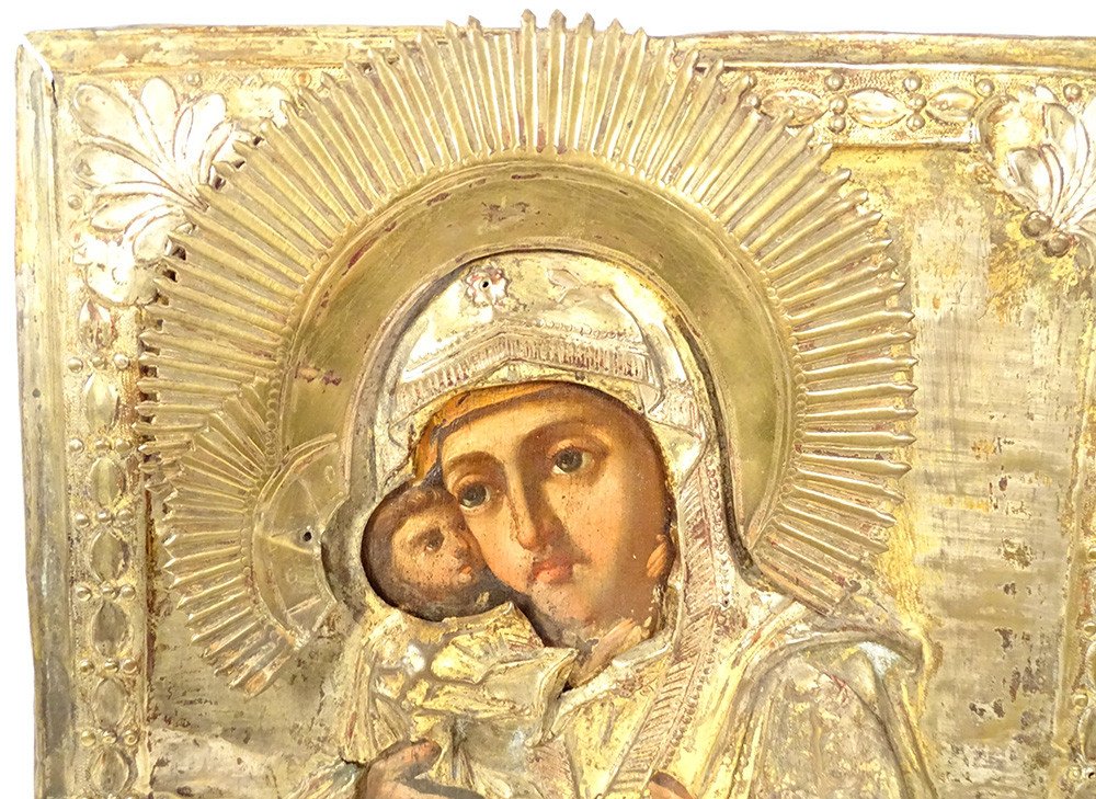 Russian Orthodox Icon Our Lady Vladimir Virgin Tenderness Copper Nineteenth-photo-2