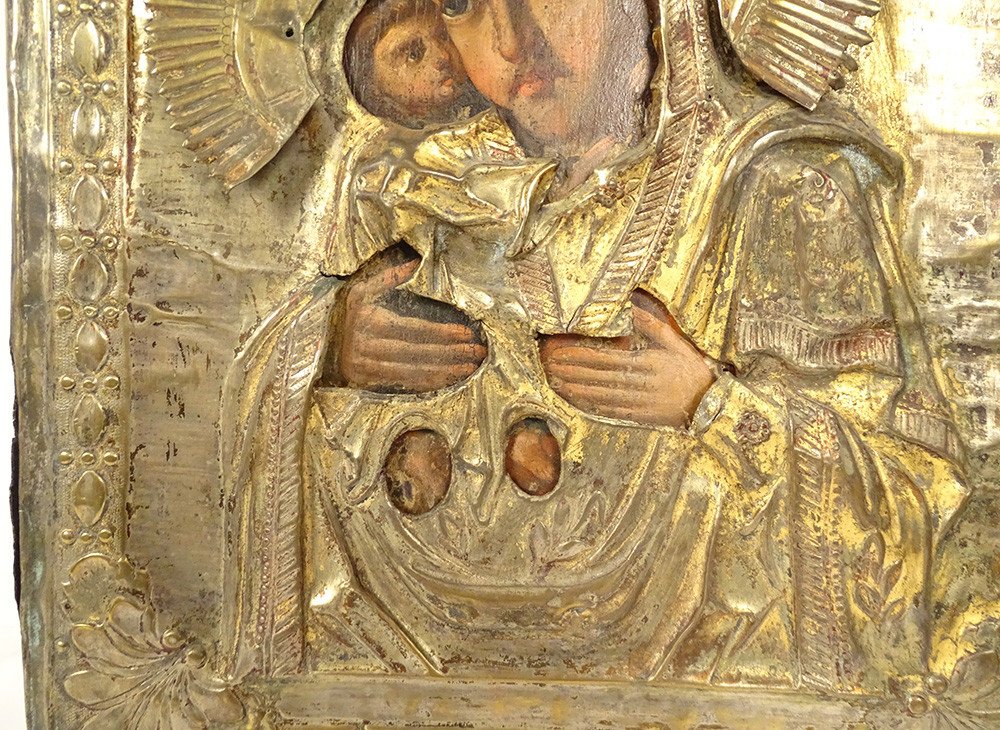 Icône Orthodoxe Russe Notre-dame Vladimir Vierge Tendresse Cuivre XIXème-photo-3