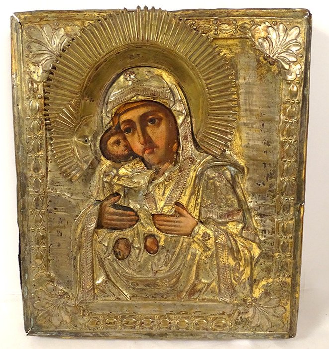 Russian Orthodox Icon Our Lady Vladimir Virgin Tenderness Copper Nineteenth