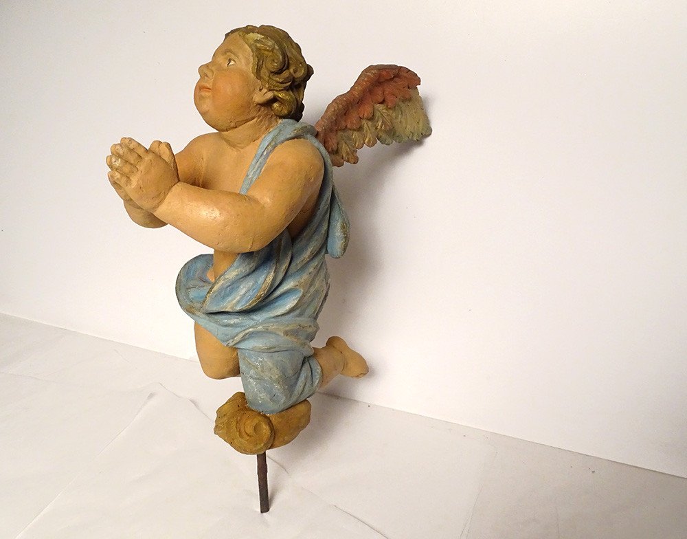 Sculpture Statue Bois Polychrome Angelot Chérubin Ange XVIIème Siècle-photo-4