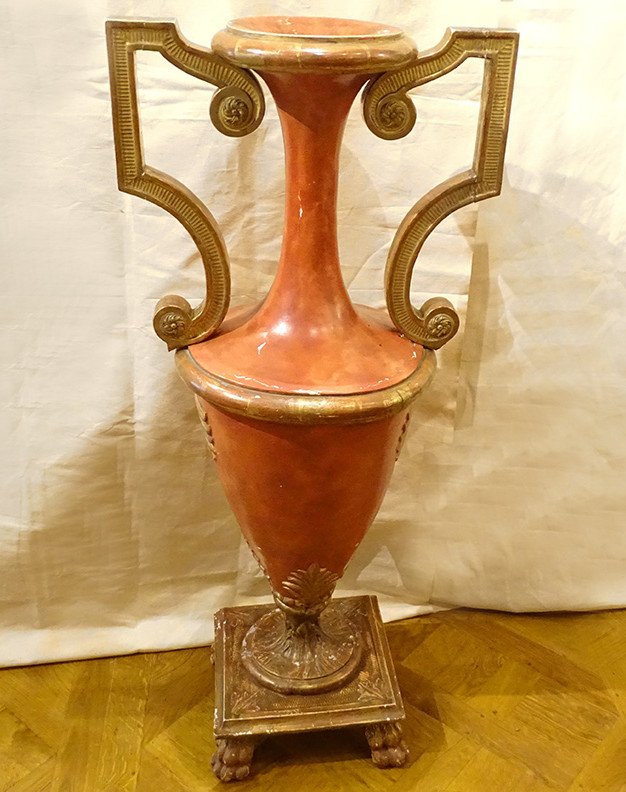 Grand Vase Décoratif Directoire Bois Polychrome Doré Amphore Fin XVIIIème