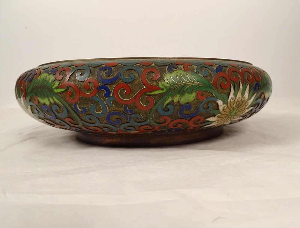 Coupe Bronze émaux Cloisonnés Fleurs Feuillage Chine Début XXème Siècle-photo-1