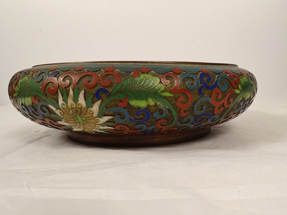 Coupe Bronze émaux Cloisonnés Fleurs Feuillage Chine Début XXème Siècle-photo-2