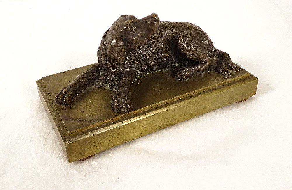 Sculpture Presse-papier Bronze Doré Chien Couché épagneul Restauration XIXè-photo-2