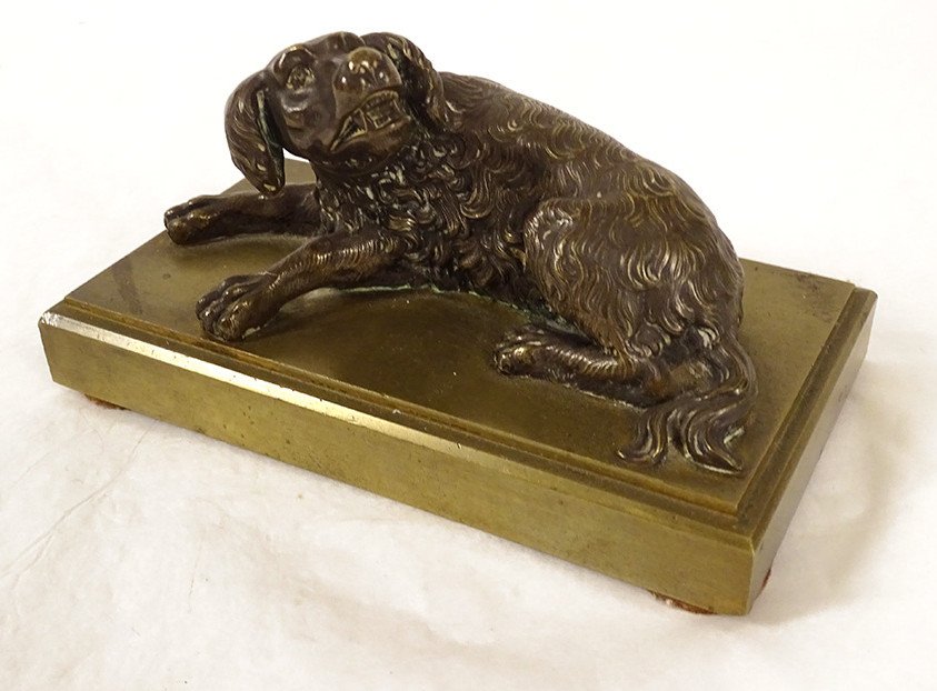 Sculpture Presse-papier Bronze Doré Chien Couché épagneul Restauration XIXè