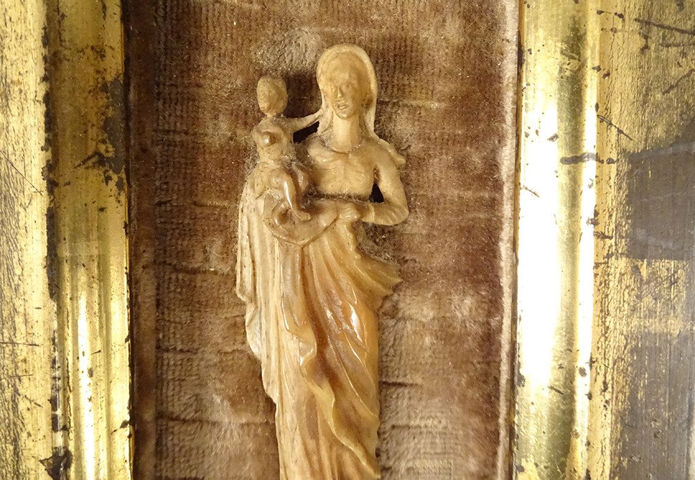 Small Bas-relief Sculpture Virgin And Child Jesus Bone Carved XVIIth Century-photo-2