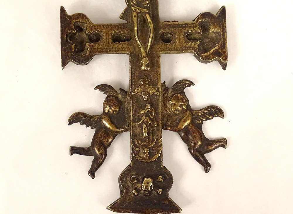 Caravaca Cross Bronze Christ Crucifix Cherubs Chalice Spain XVIIth Century-photo-3