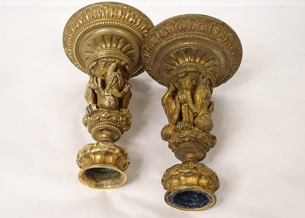 Pair Small Candlesticks Gilt Bronze Cherubs Amours Napoleon III XIXth-photo-4