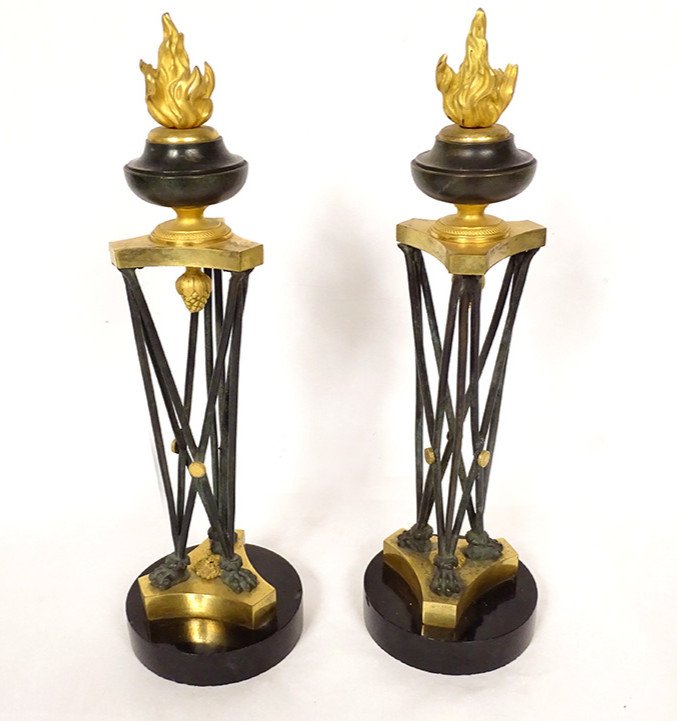 Pair Athenian Cassolettes Bronze Marble Fire Pot First Empire XIXth