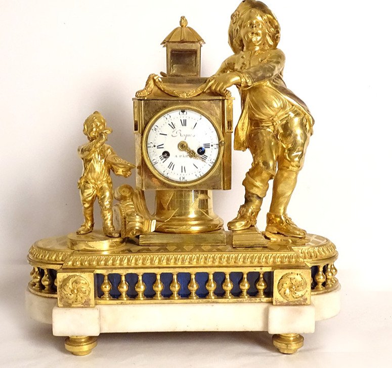 Pendulum Louis XVI Magic Lantern Children Gilt Bronze Marble Roque XVIIIè