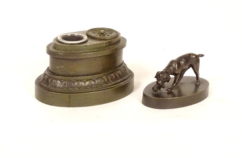 Inkwell Bronze Hunting Dog Hare Sculpture XIXth Century-photo-2