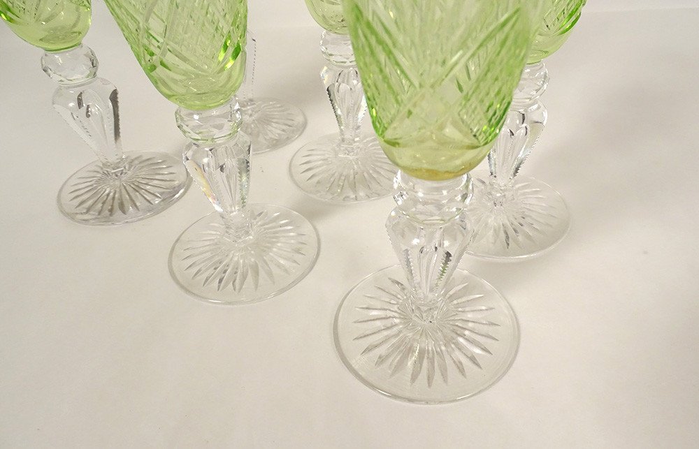 6 Verres à Pied à Vin Cristal Taillé Couleur Verte Chartreuse Fin XIXème-photo-2