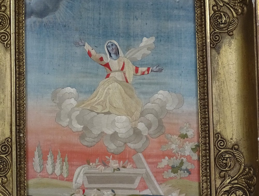Tableau Ascension Vierge Marie Broderie Soie Cadre Doré Ier Empire XIXème-photo-2