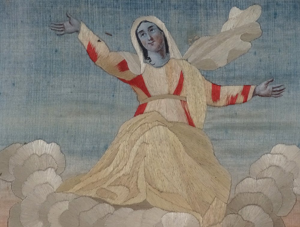 Tableau Ascension Vierge Marie Broderie Soie Cadre Doré Ier Empire XIXème-photo-3