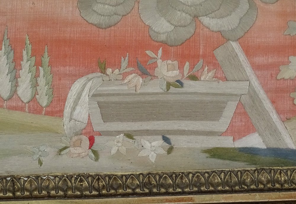 Tableau Ascension Vierge Marie Broderie Soie Cadre Doré Ier Empire XIXème-photo-1