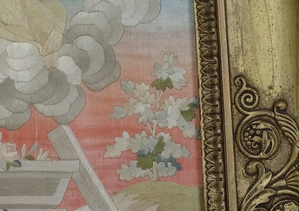 Tableau Ascension Vierge Marie Broderie Soie Cadre Doré Ier Empire XIXème-photo-2