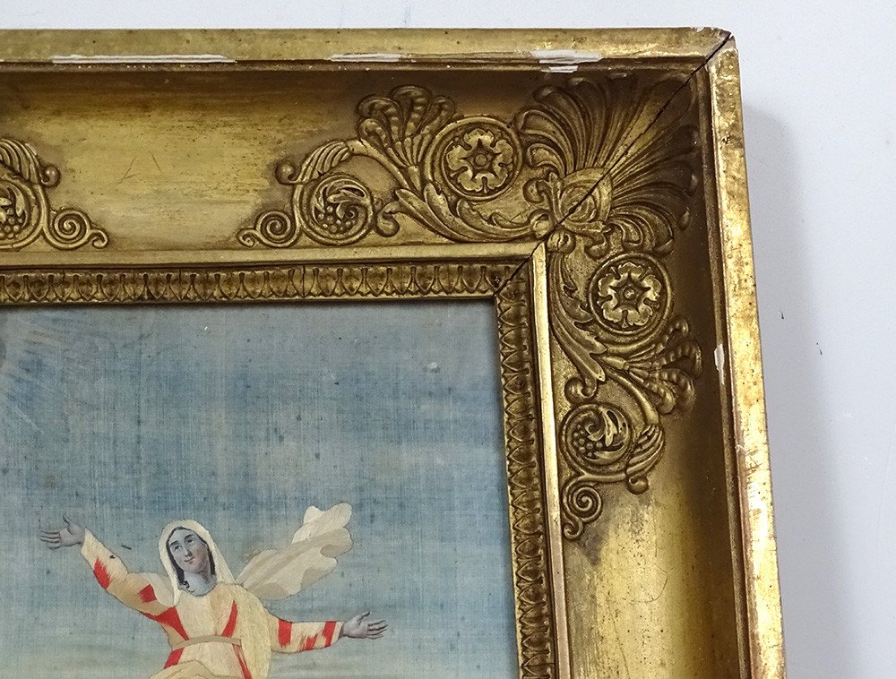 Tableau Ascension Vierge Marie Broderie Soie Cadre Doré Ier Empire XIXème-photo-7